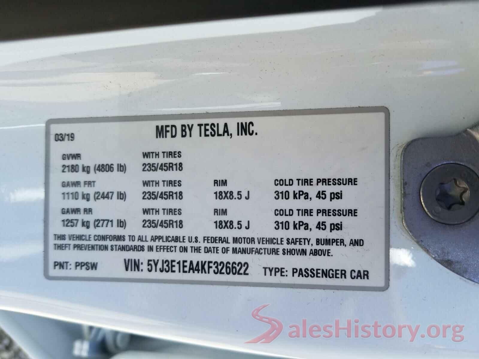 5YJ3E1EA4KF326622 2019 TESLA MODEL 3