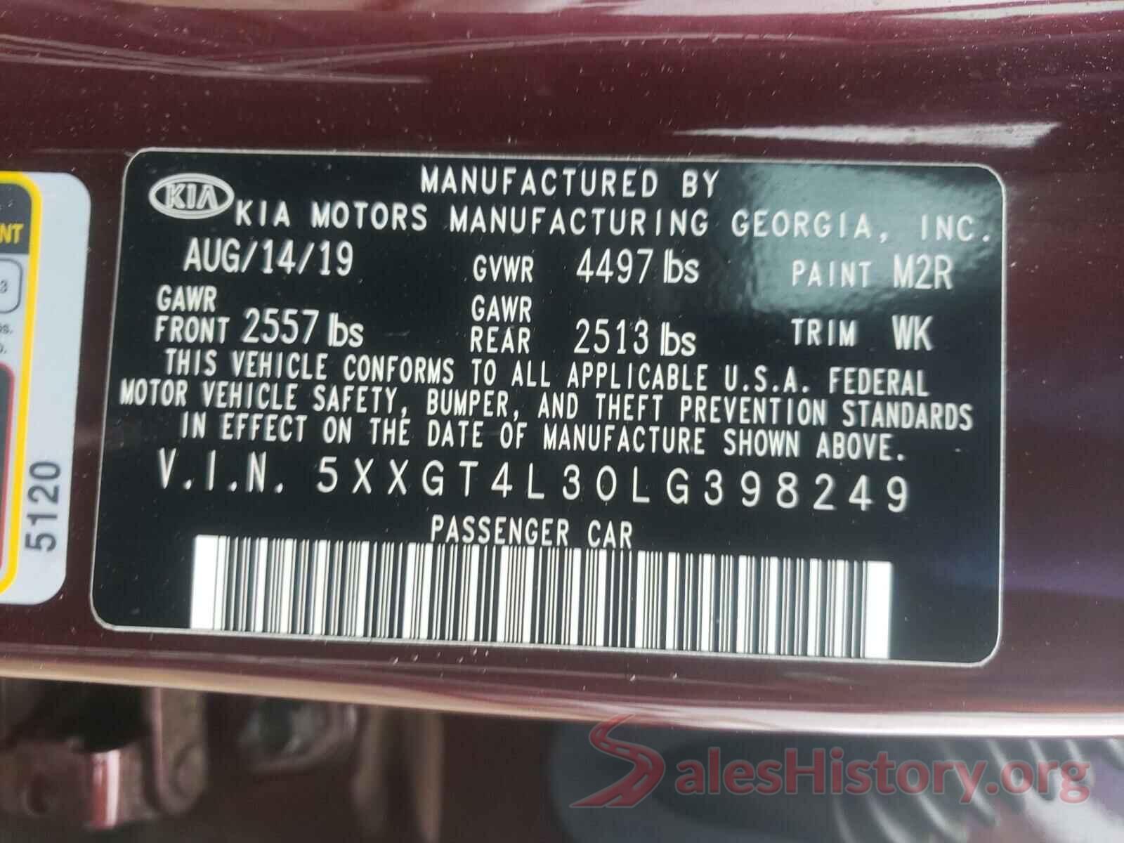 5XXGT4L30LG398249 2020 KIA OPTIMA