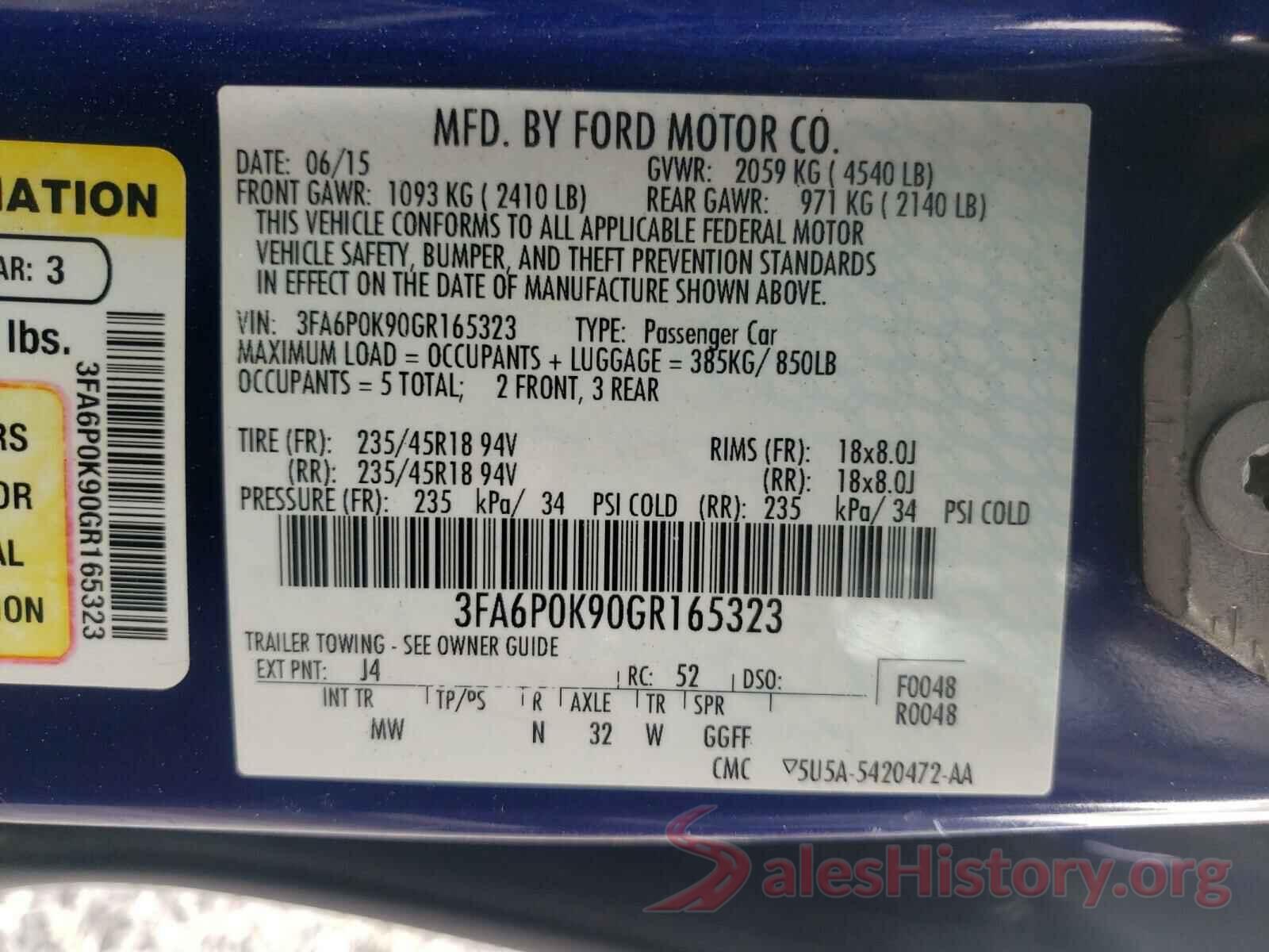 3FA6P0K90GR165323 2016 FORD FUSION