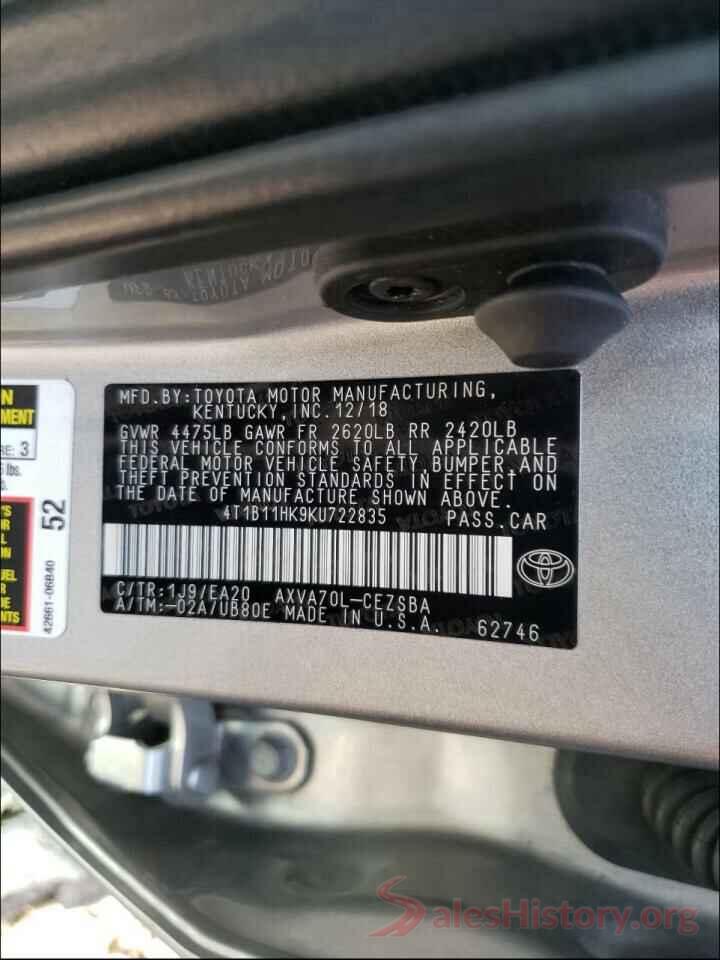 4T1B11HK9KU722835 2019 TOYOTA CAMRY