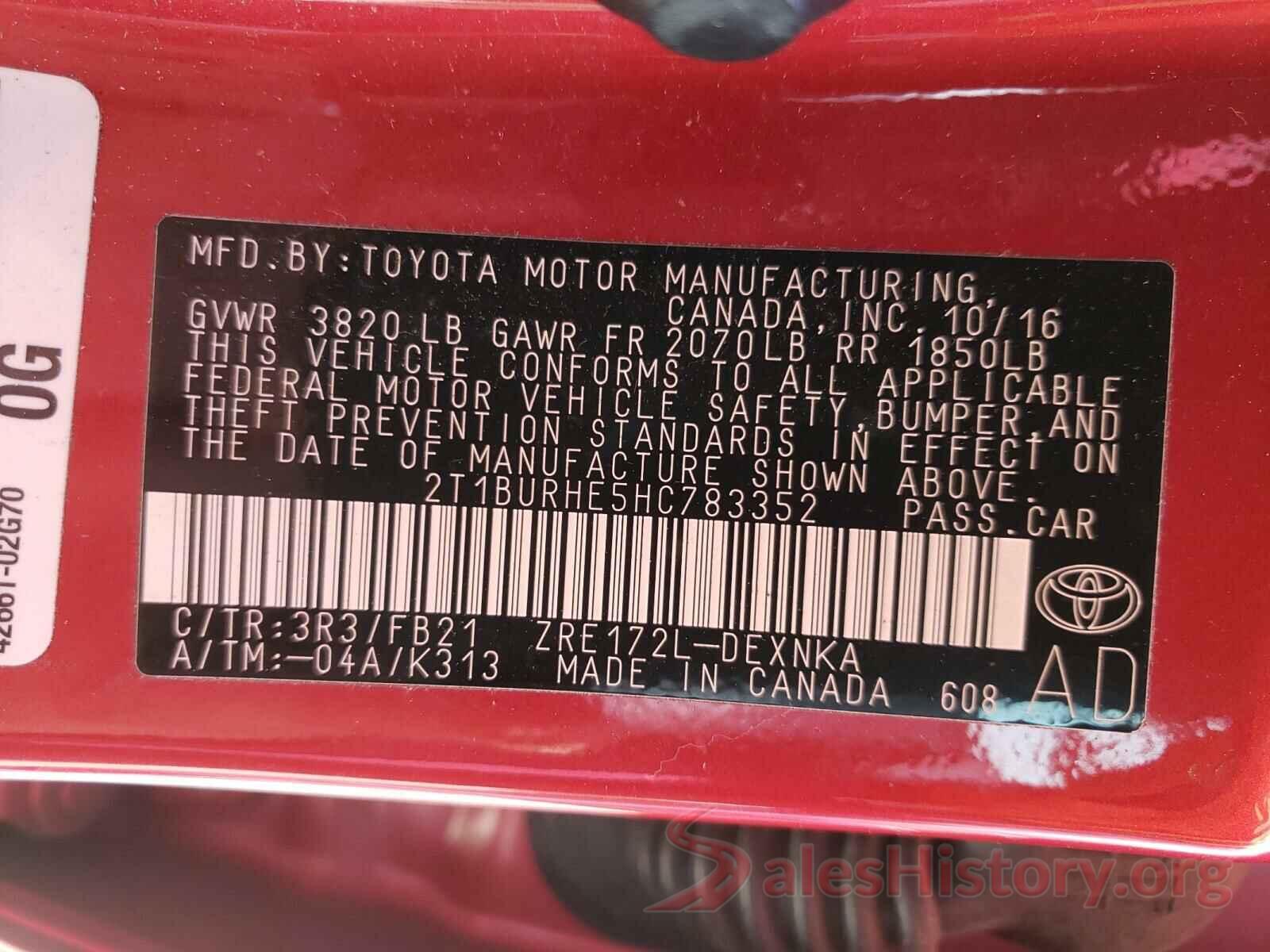 2T1BURHE5HC783352 2017 TOYOTA COROLLA