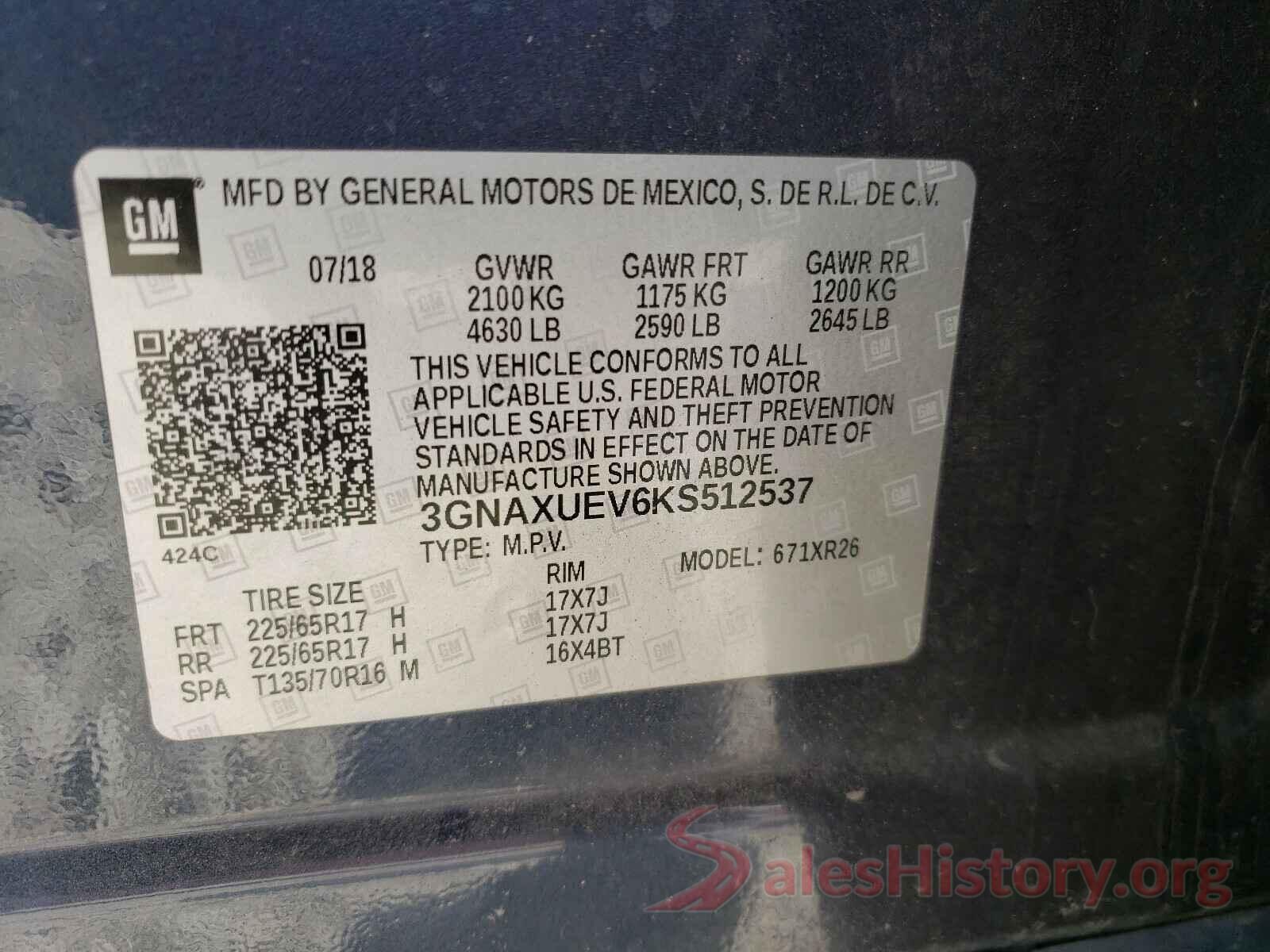 3GNAXUEV6KS512537 2019 CHEVROLET EQUINOX