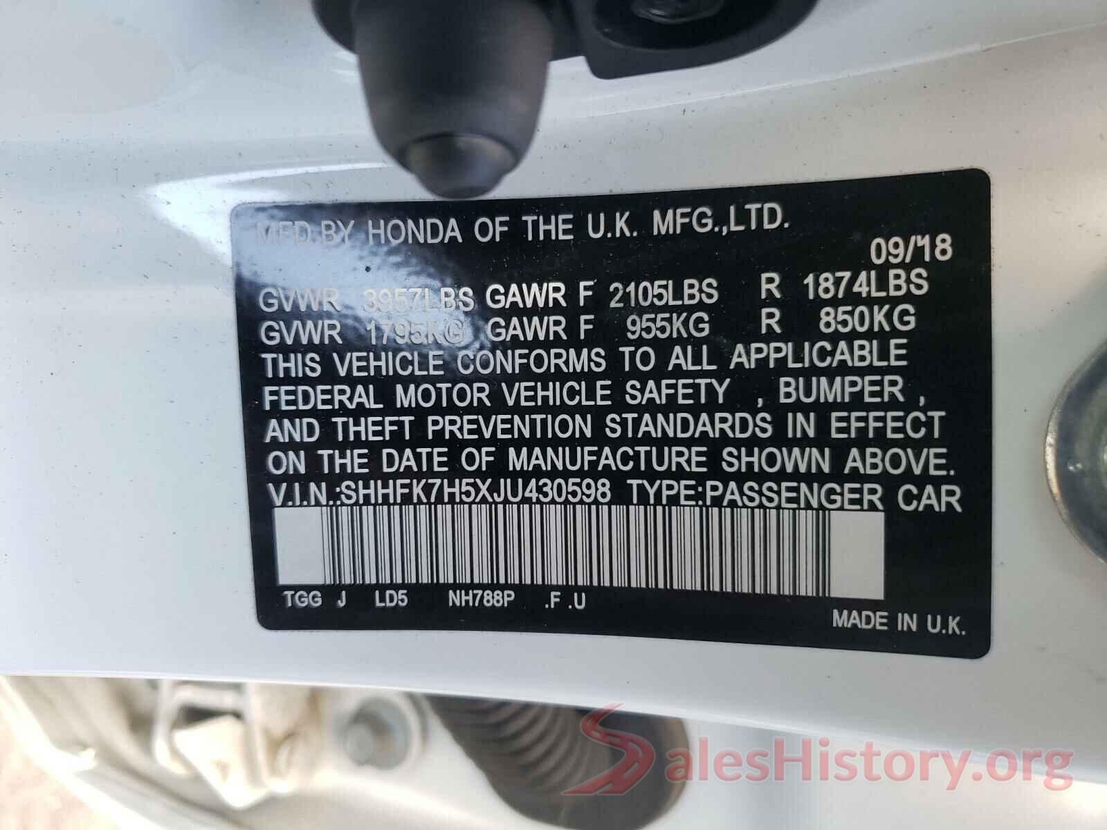 SHHFK7H5XJU430598 2018 HONDA CIVIC