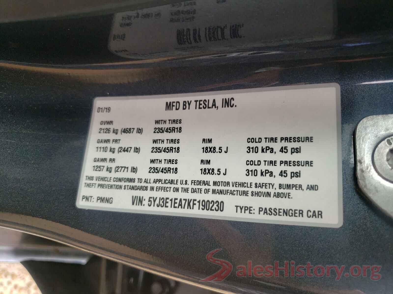 5YJ3E1EA7KF190230 2019 TESLA MODEL 3