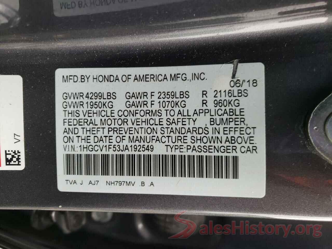 1HGCV1F53JA192549 2018 HONDA ACCORD