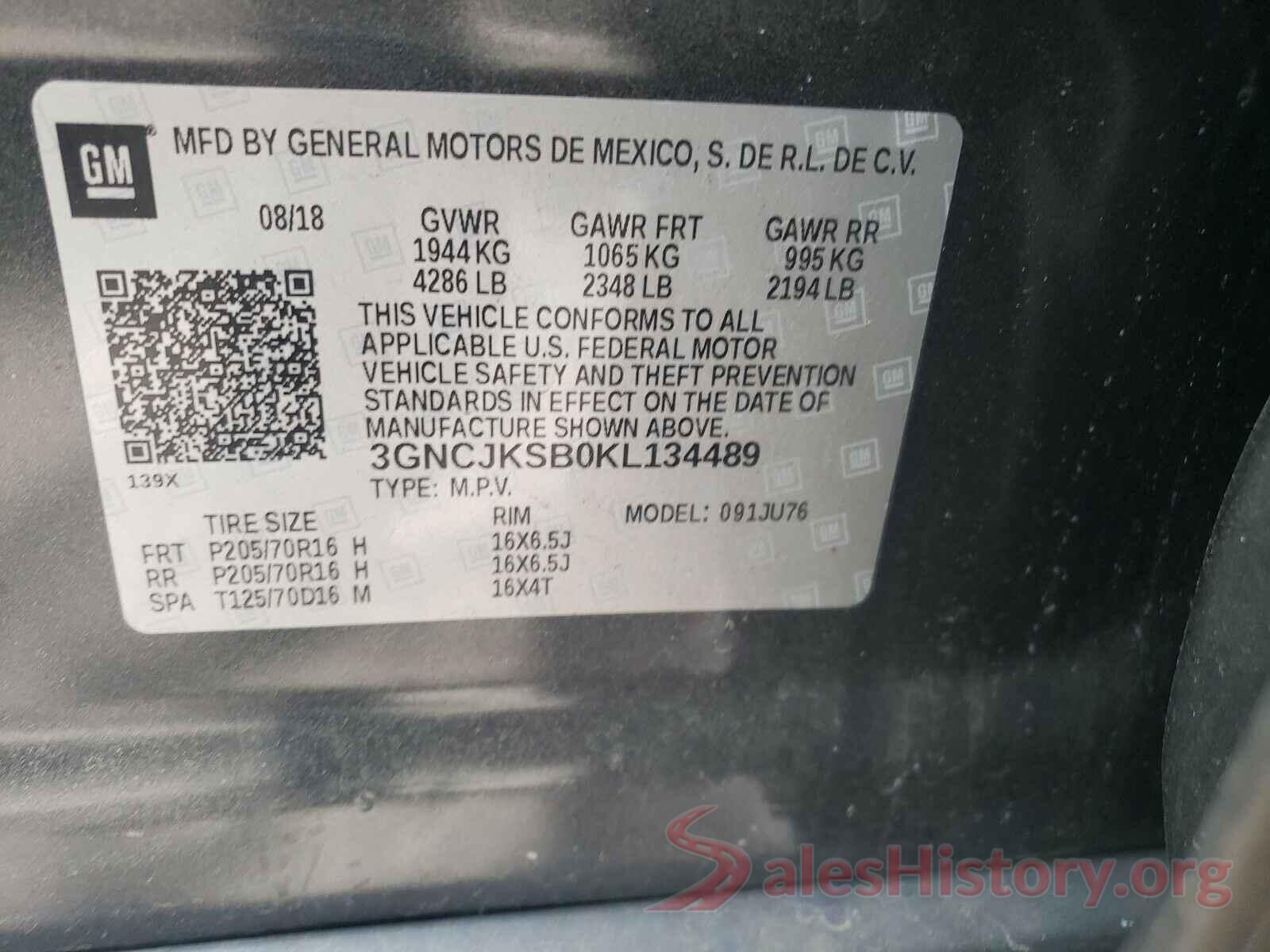 3GNCJKSB0KL134489 2019 CHEVROLET TRAX