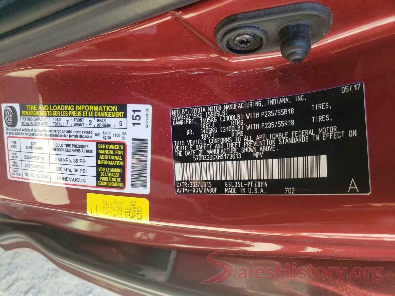 5TDDZ3DCXHS173613 2017 TOYOTA SIENNA