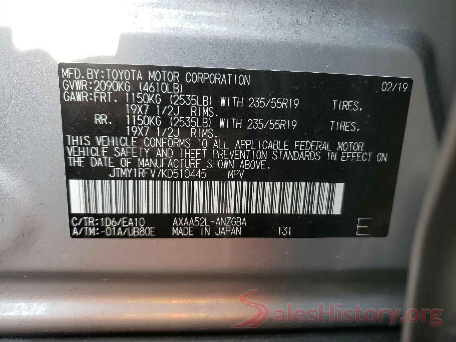 JTMY1RFV7KD510445 2019 TOYOTA RAV4