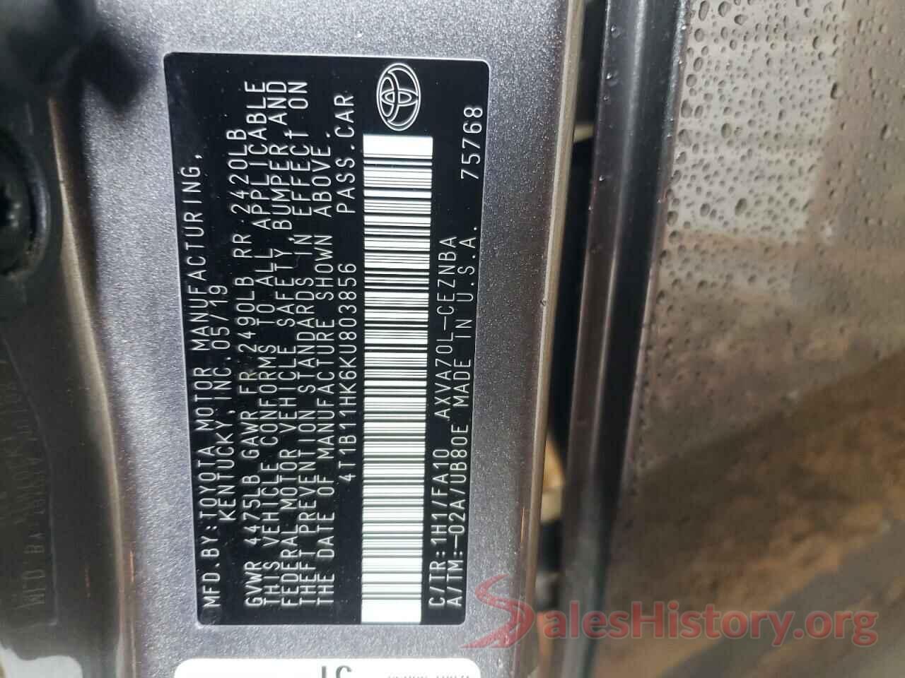 4T1B11HK6KU803856 2019 TOYOTA CAMRY