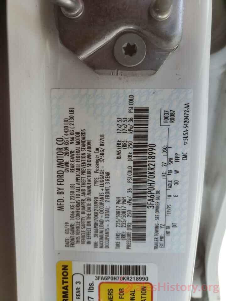 3FA6P0H70KR218990 2019 FORD FUSION