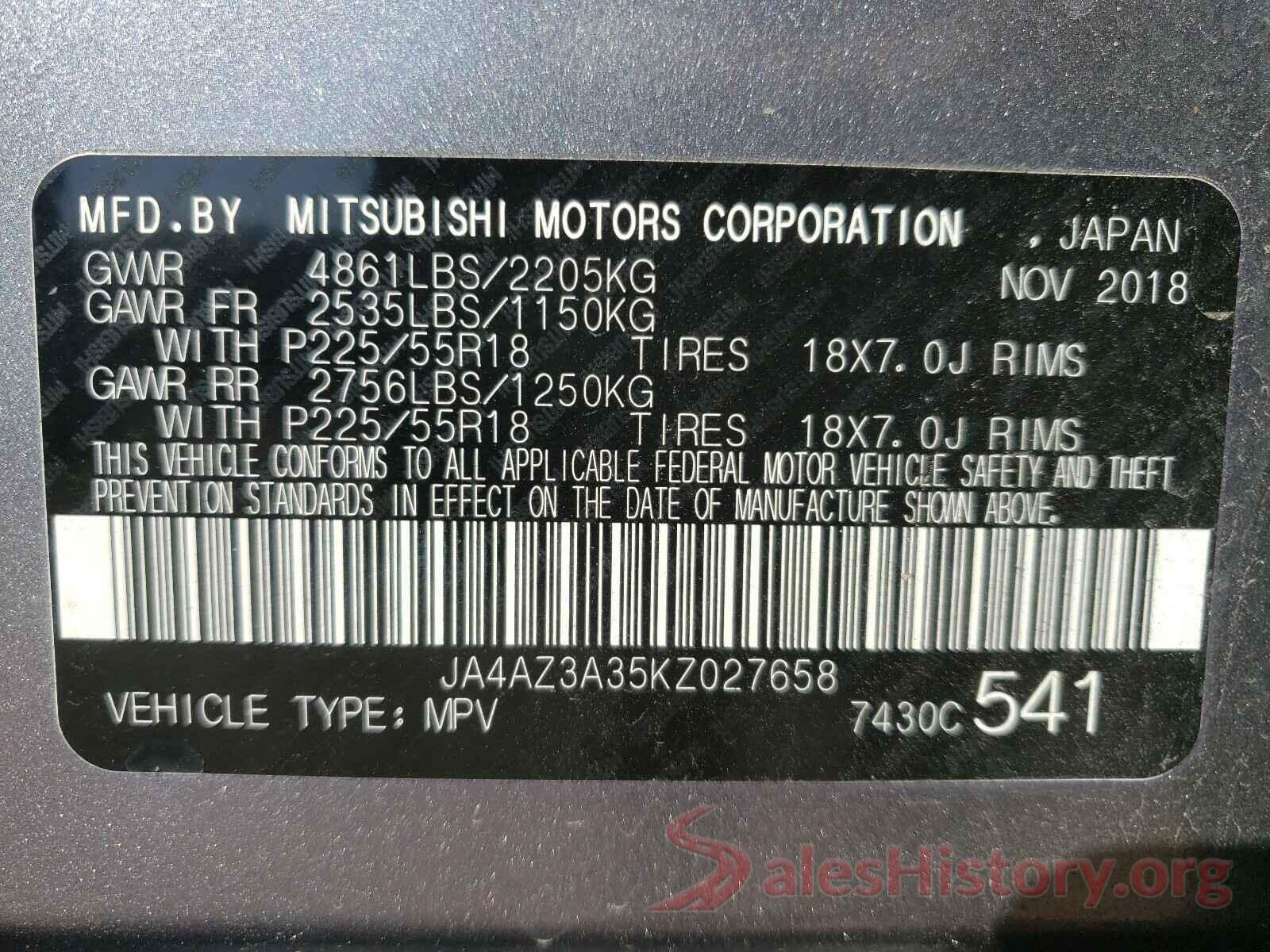 JA4AZ3A35KZ027658 2019 MITSUBISHI OUTLANDER