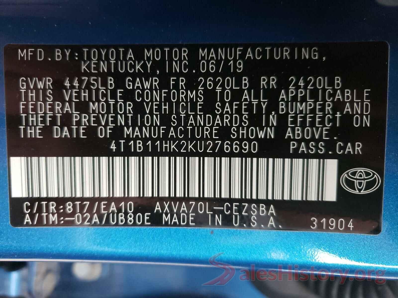 4T1B11HK2KU276690 2019 TOYOTA CAMRY