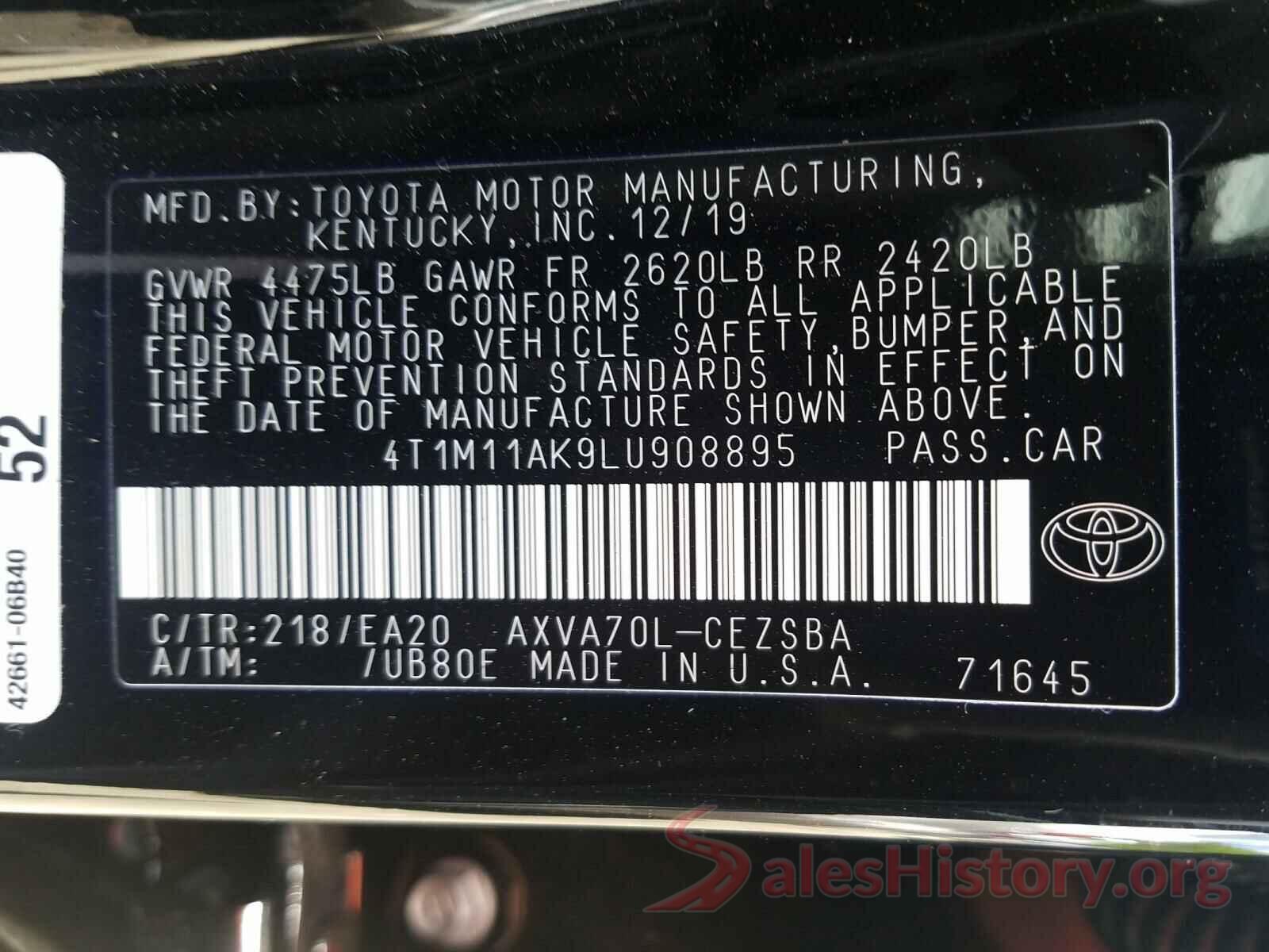 4T1M11AK9LU908895 2020 TOYOTA CAMRY