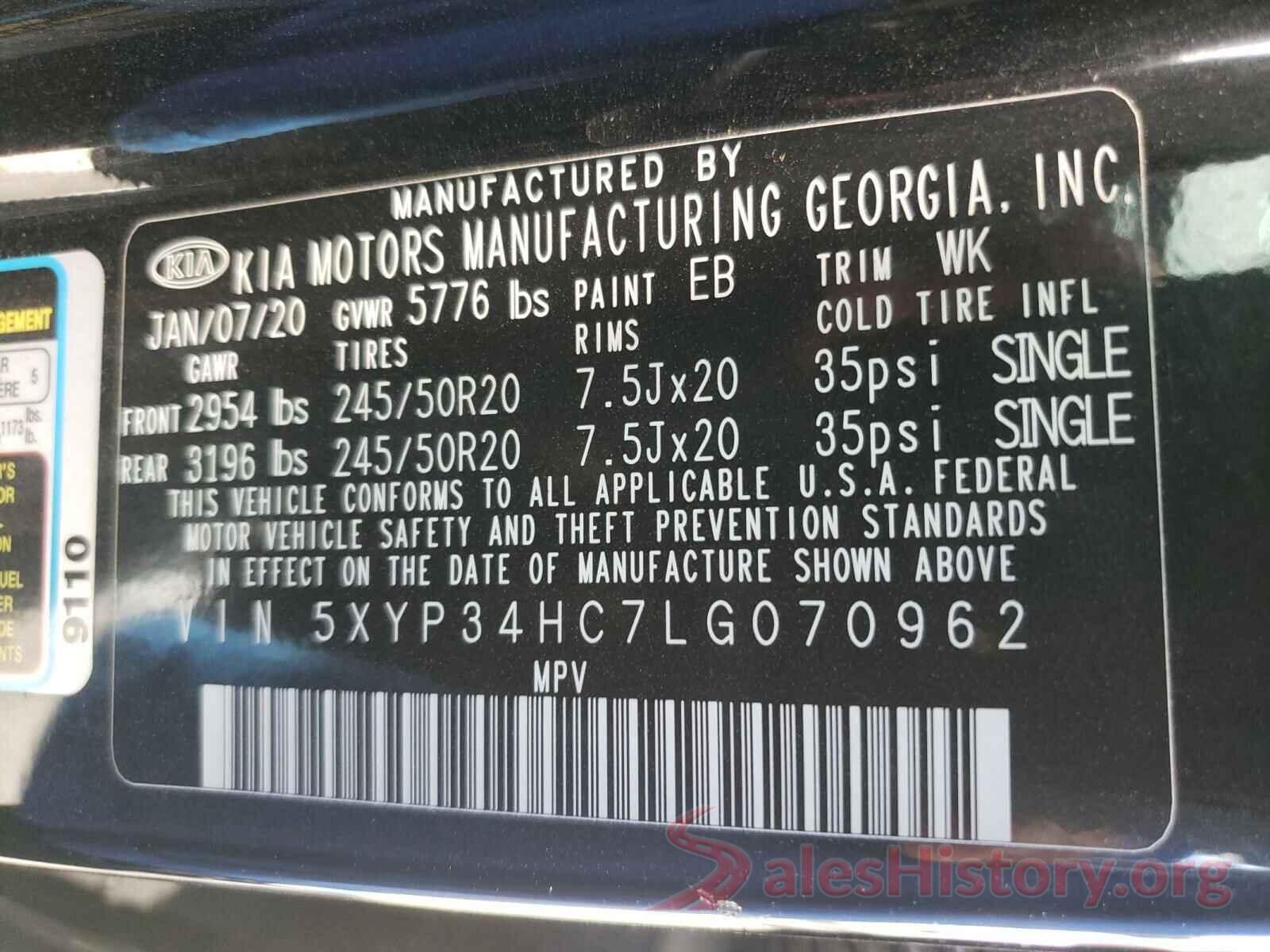 5XYP34HC7LG070962 2020 KIA TELLURIDE