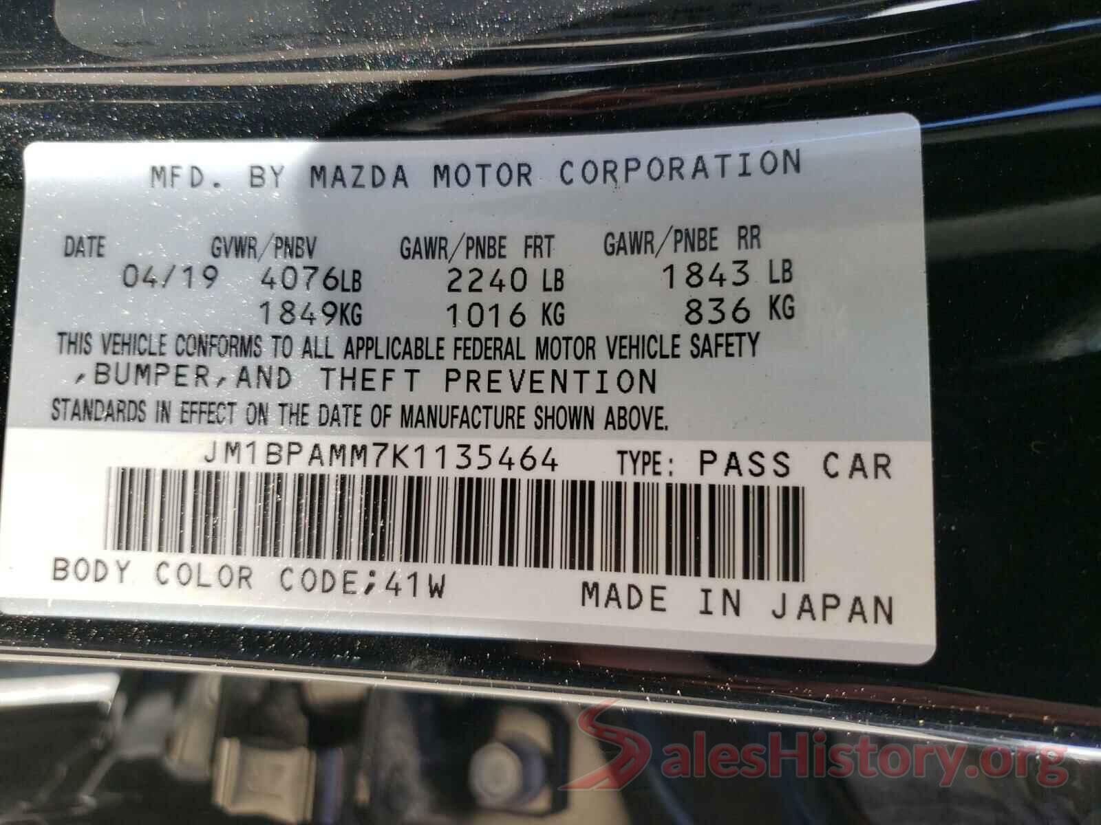 JM1BPAMM7K1135464 2019 MAZDA 3