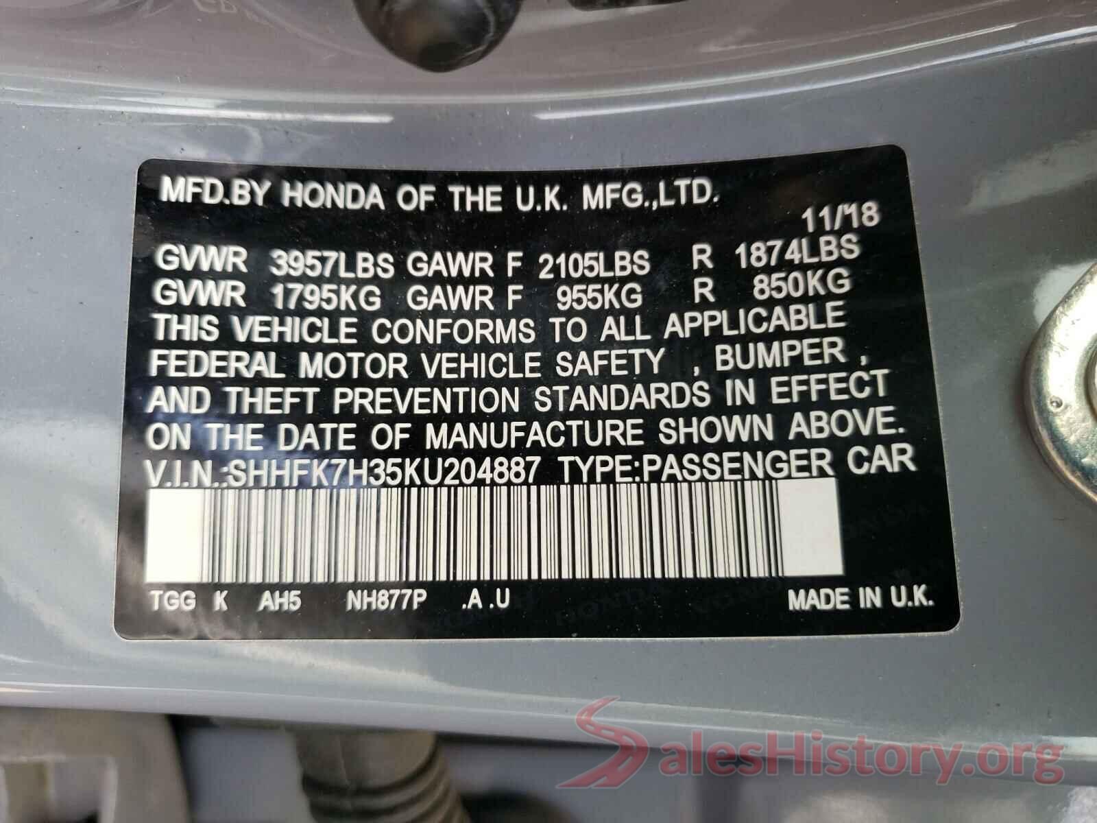 SHHFK7H35KU204887 2019 HONDA CIVIC