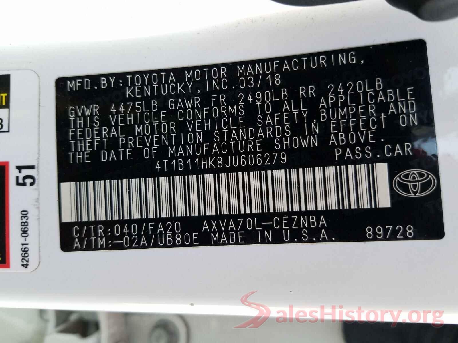 4T1B11HK8JU606279 2018 TOYOTA CAMRY