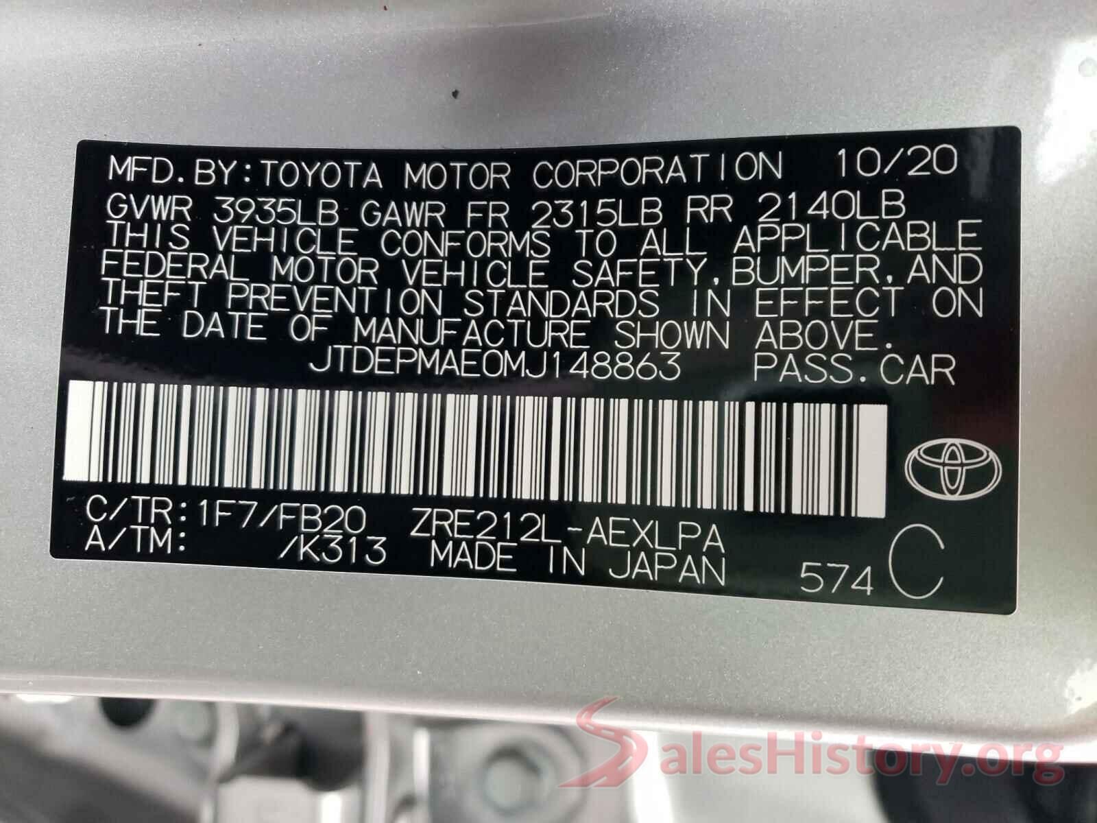 JTDEPMAE0MJ148863 2021 TOYOTA COROLLA