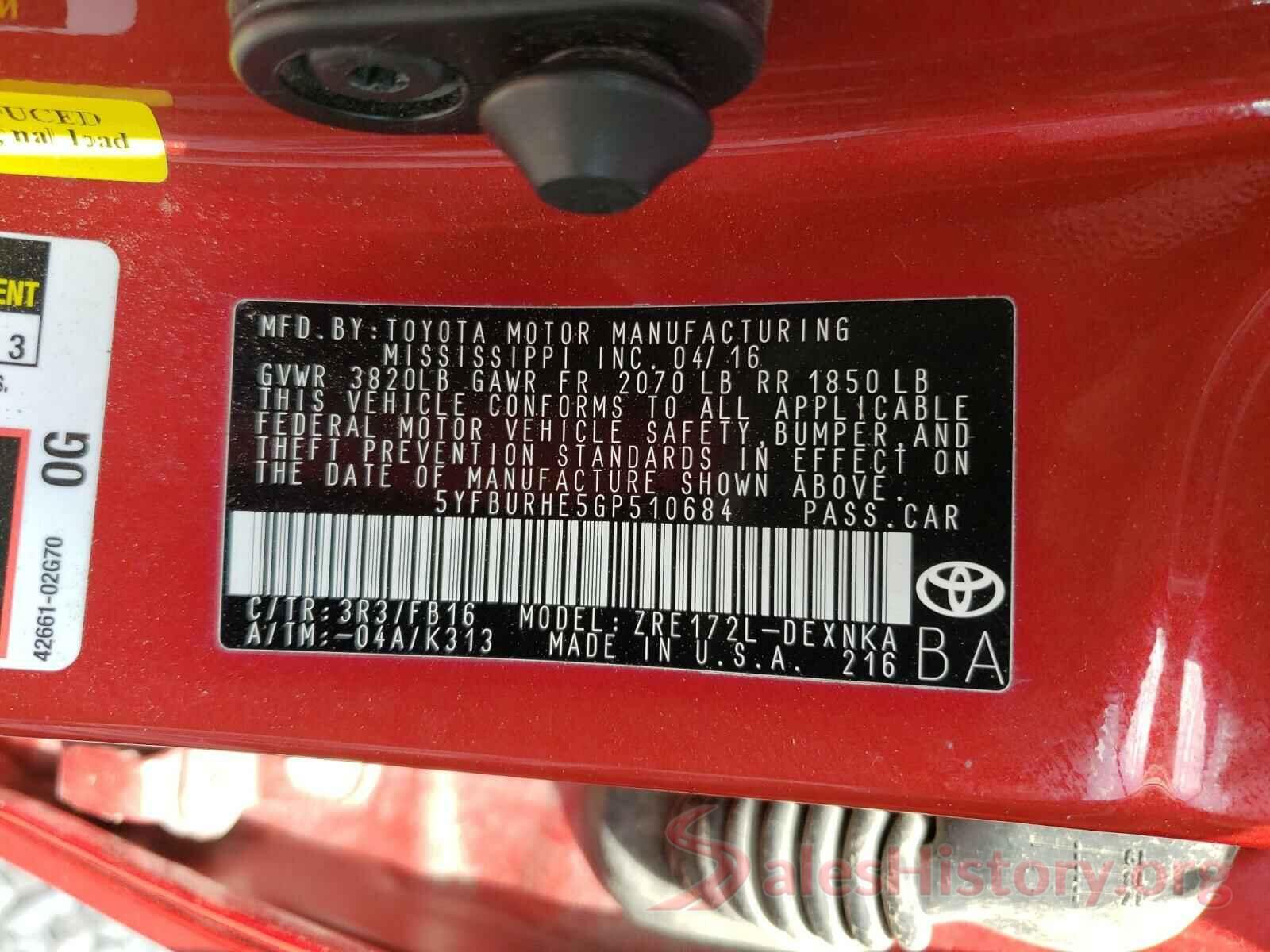 5YFBURHE5GP510684 2016 TOYOTA COROLLA