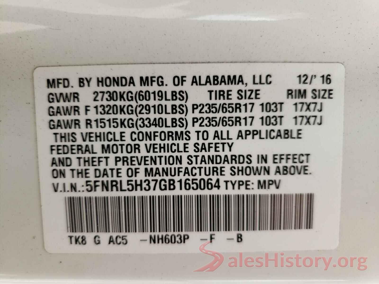 5FNRL5H37GB165064 2016 HONDA ODYSSEY