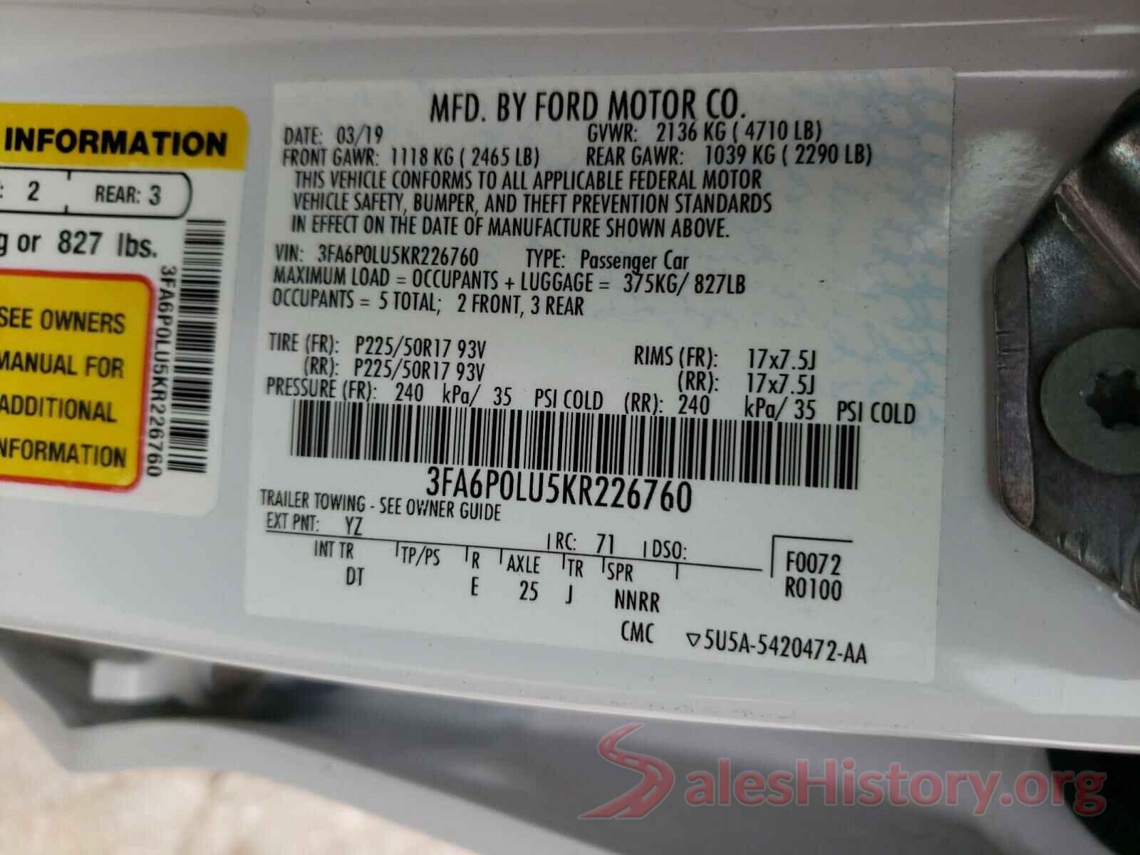 3FA6P0LU5KR226760 2019 FORD FUSION