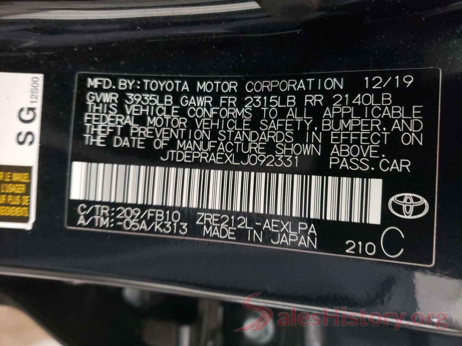 JTDEPRAEXLJ092331 2020 TOYOTA COROLLA