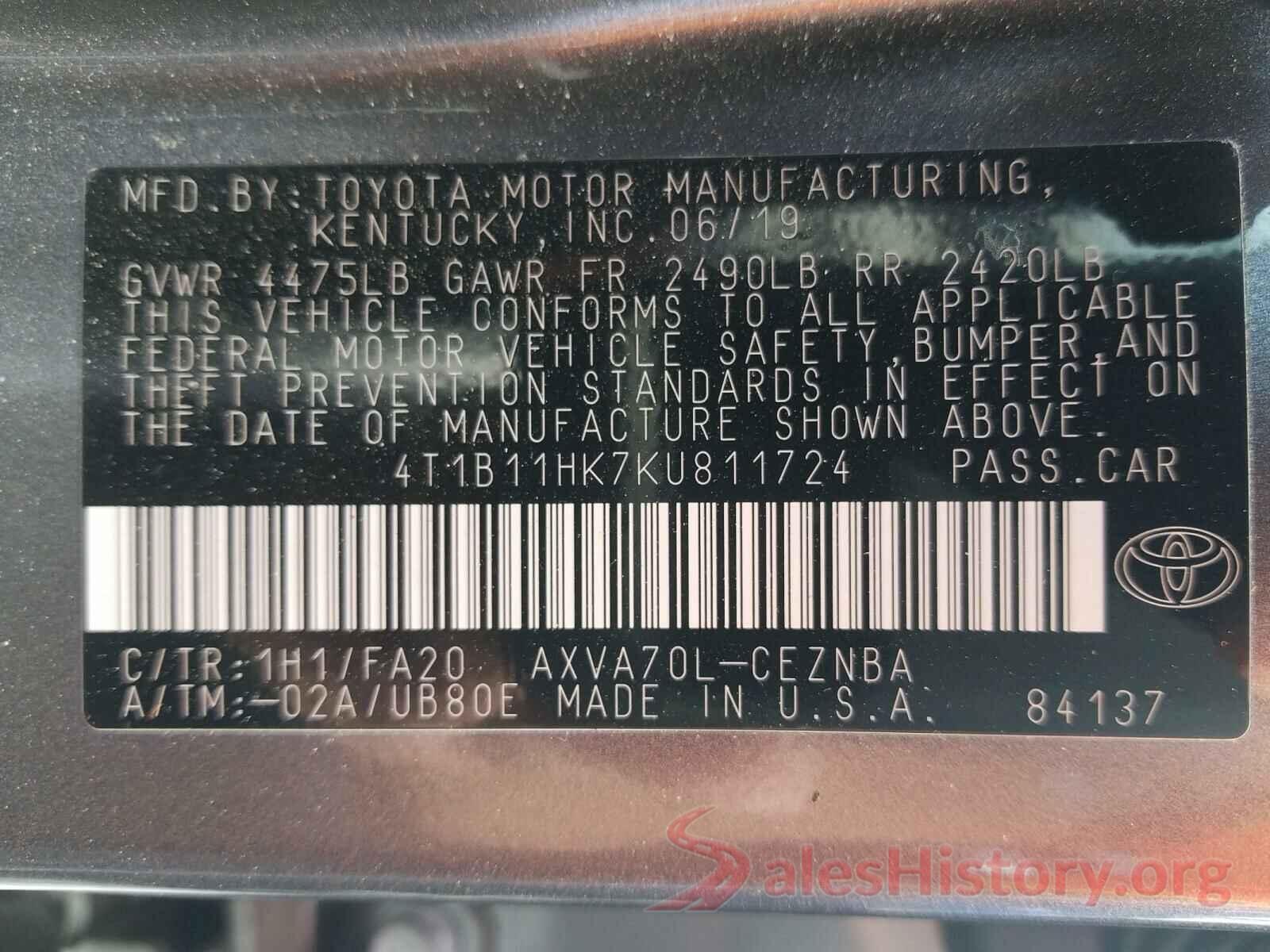 4T1B11HK7KU811724 2019 TOYOTA CAMRY