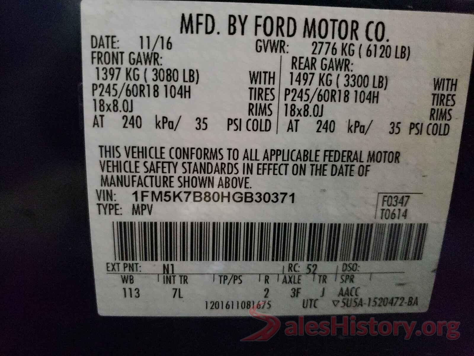 1FM5K7B80HGB30371 2017 FORD EXPLORER