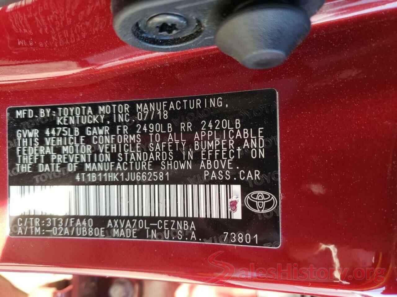 4T1B11HK1JU662581 2018 TOYOTA CAMRY