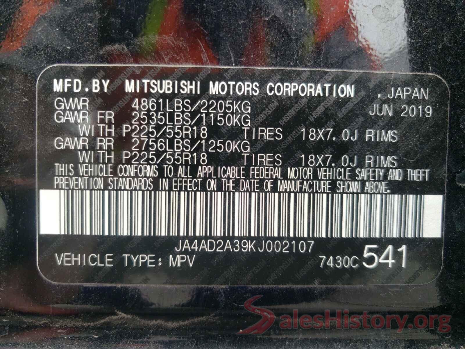 JA4AD2A39KJ002107 2019 MITSUBISHI OUTLANDER