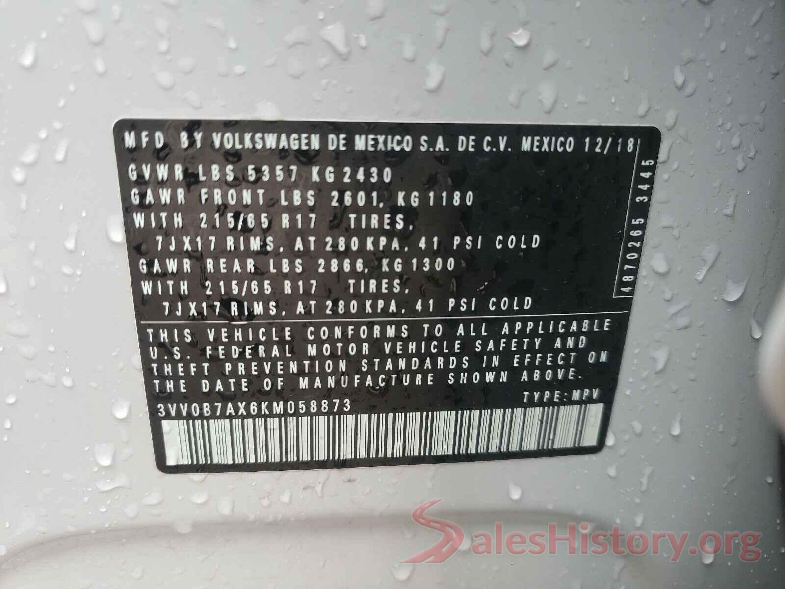 3VV0B7AX6KM058873 2019 VOLKSWAGEN TIGUAN