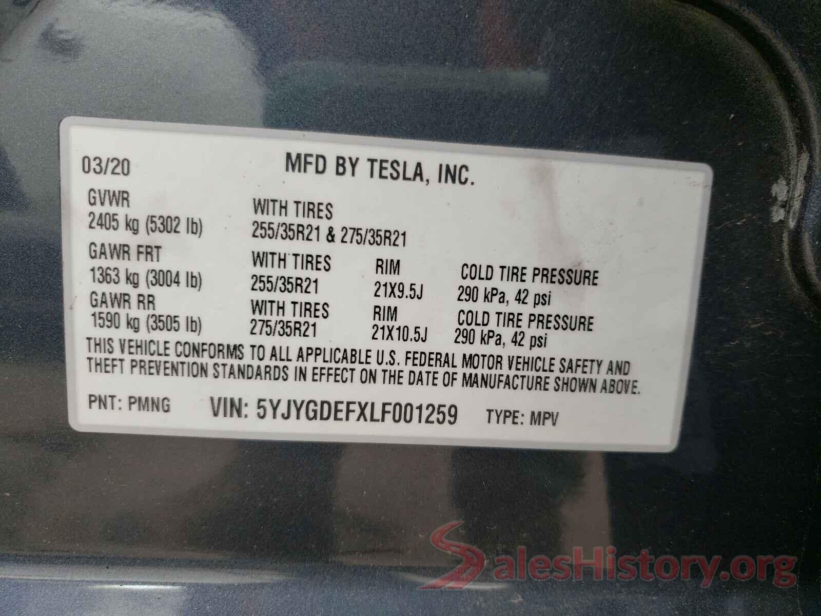 5YJYGDEFXLF001259 2020 TESLA MODEL Y