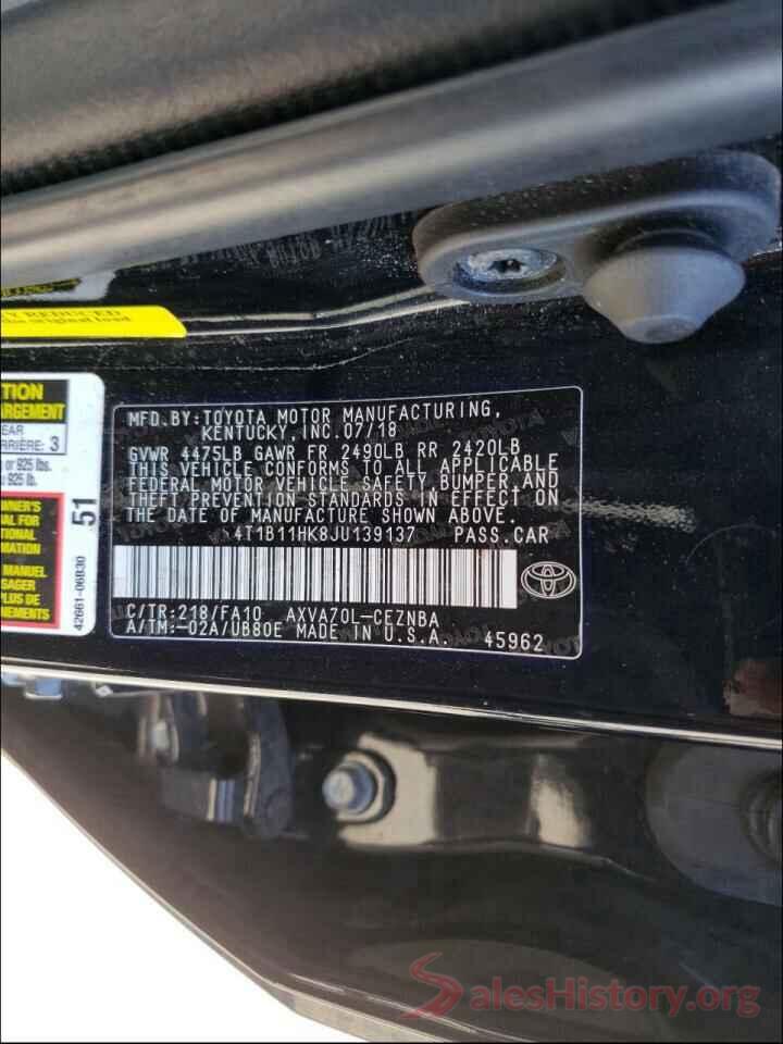 4T1B11HK8JU139137 2018 TOYOTA CAMRY