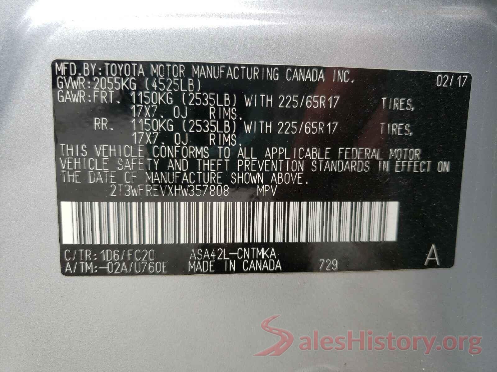 2T3WFREVXHW357808 2017 TOYOTA RAV4