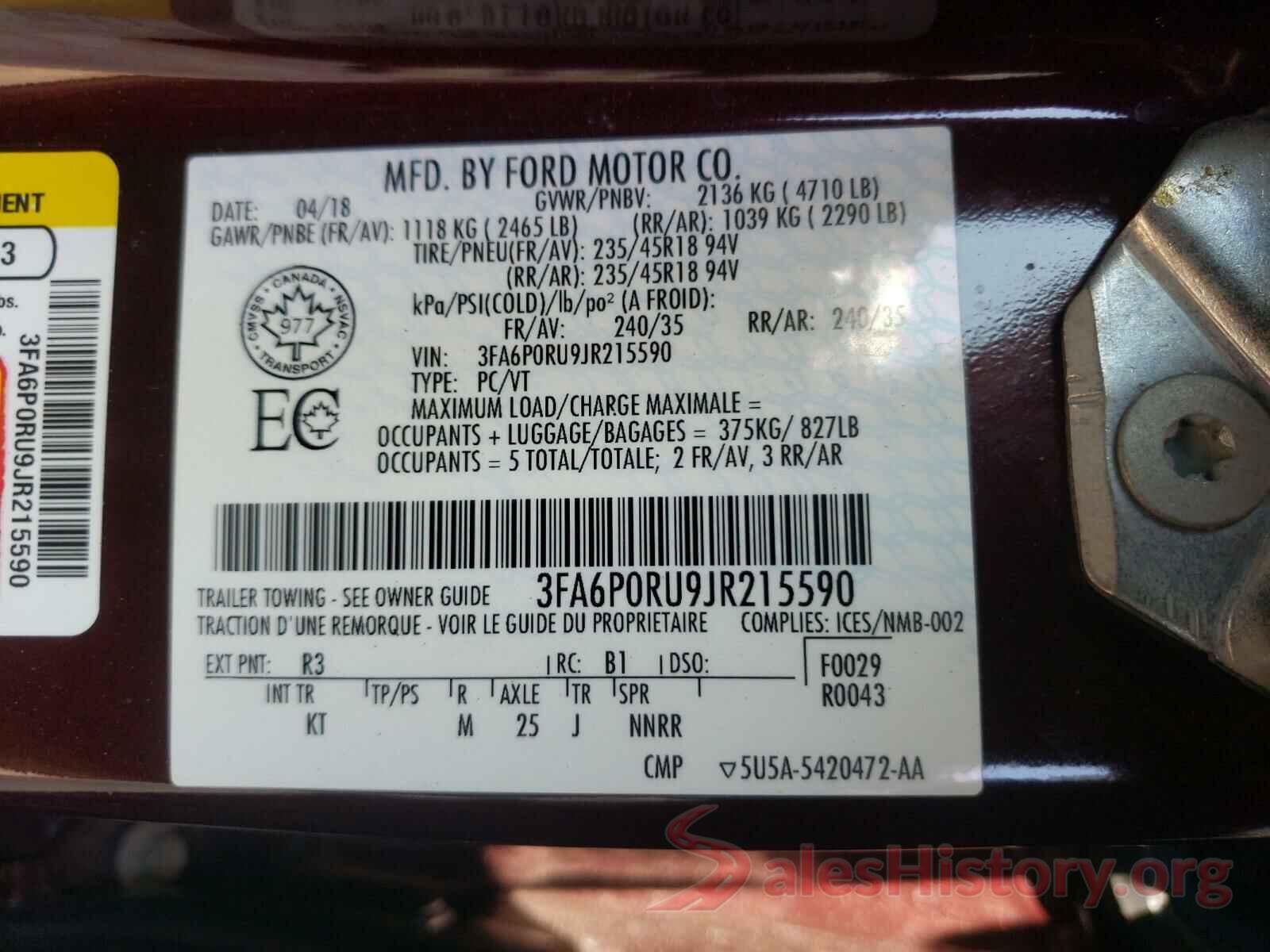 3FA6P0RU9JR215590 2018 FORD FUSION