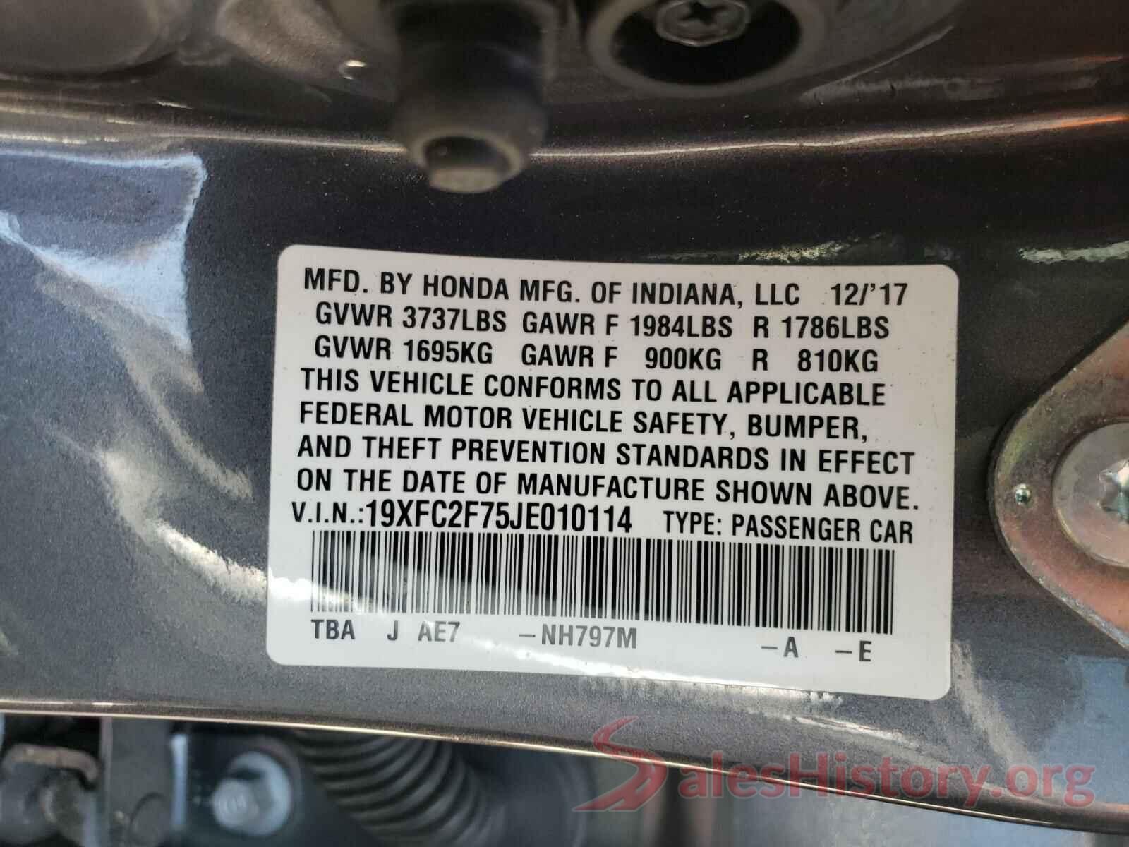 19XFC2F75JE010114 2018 HONDA CIVIC