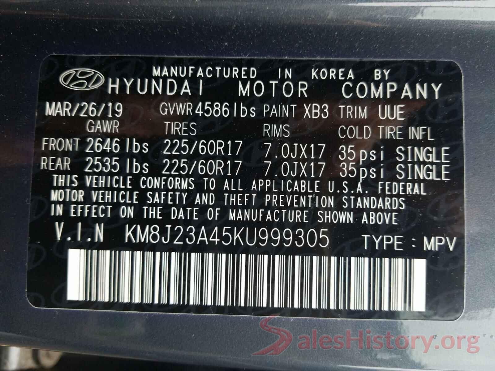 KM8J23A45KU999305 2019 HYUNDAI TUCSON