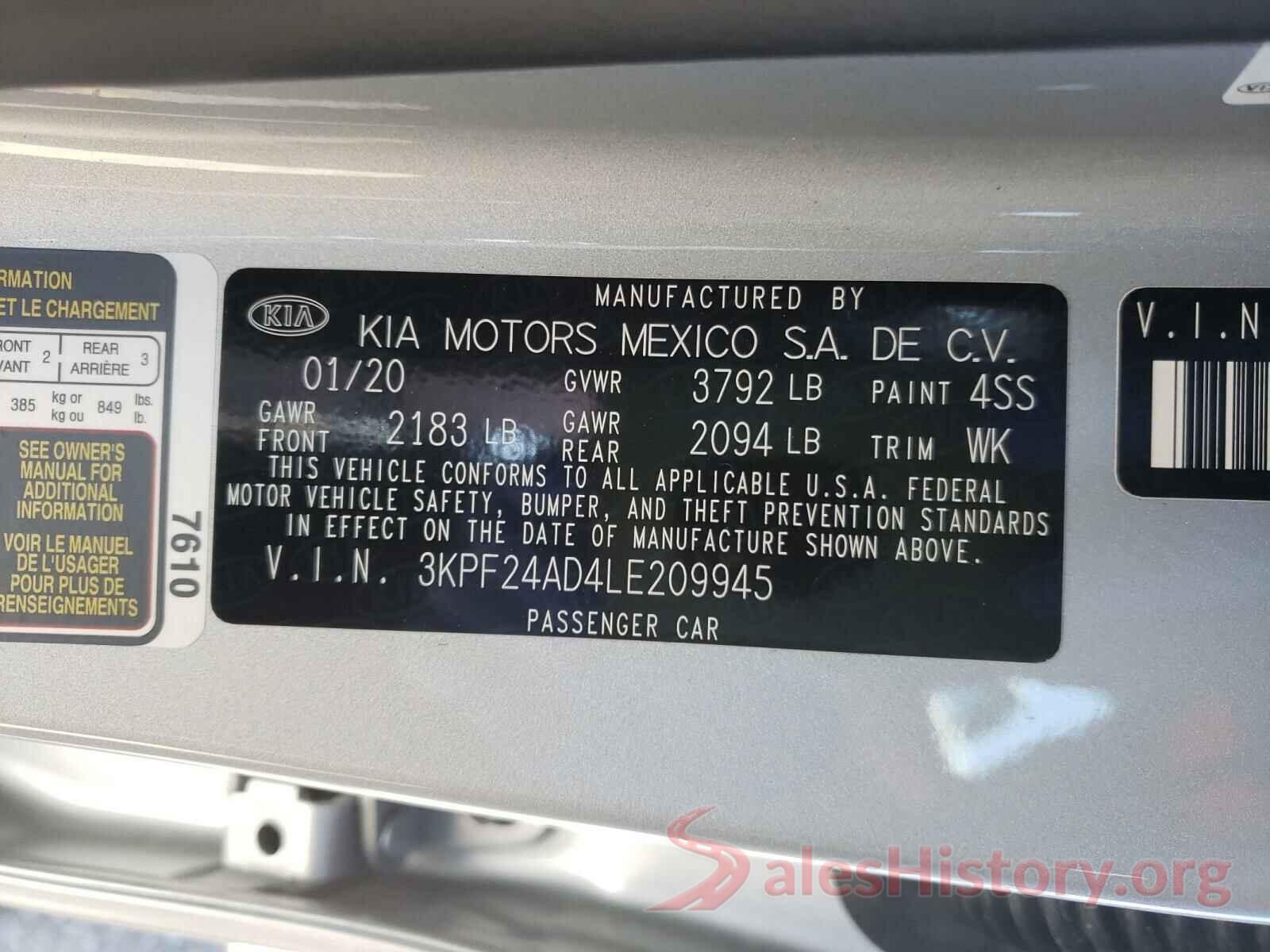 3KPF24AD4LE209945 2020 KIA FORTE