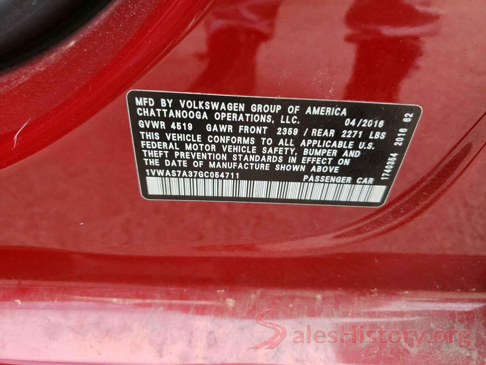 1VWAS7A37GC054711 2016 VOLKSWAGEN PASSAT