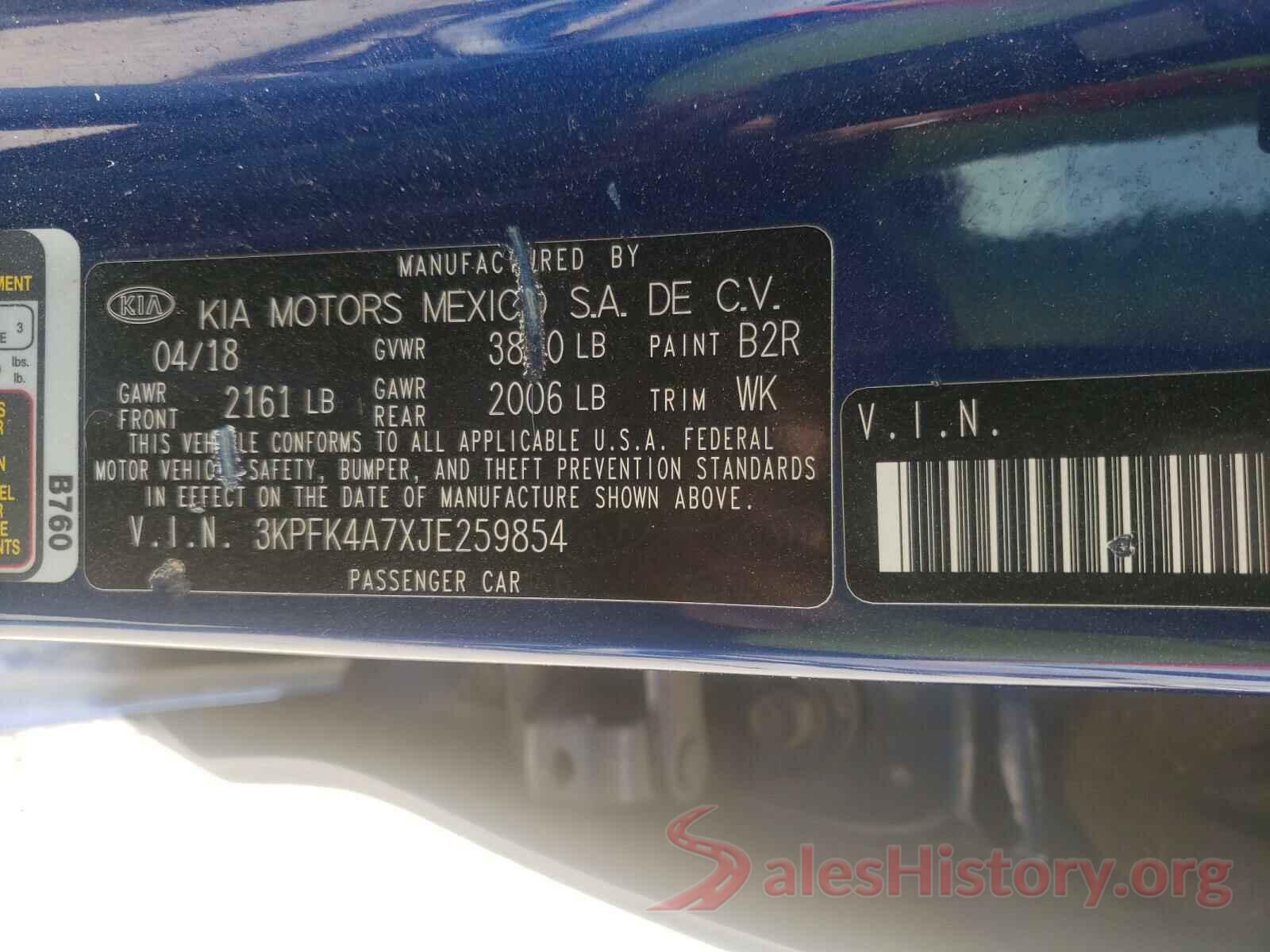 3KPFK4A7XJE259854 2018 KIA FORTE