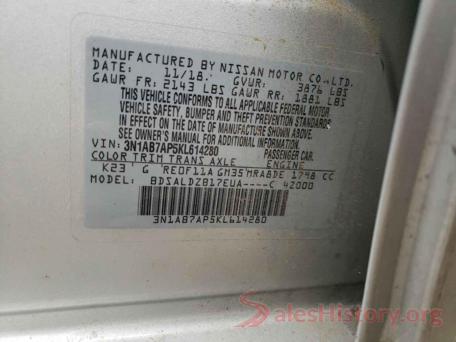 3N1AB7AP5KL614280 2019 NISSAN SENTRA