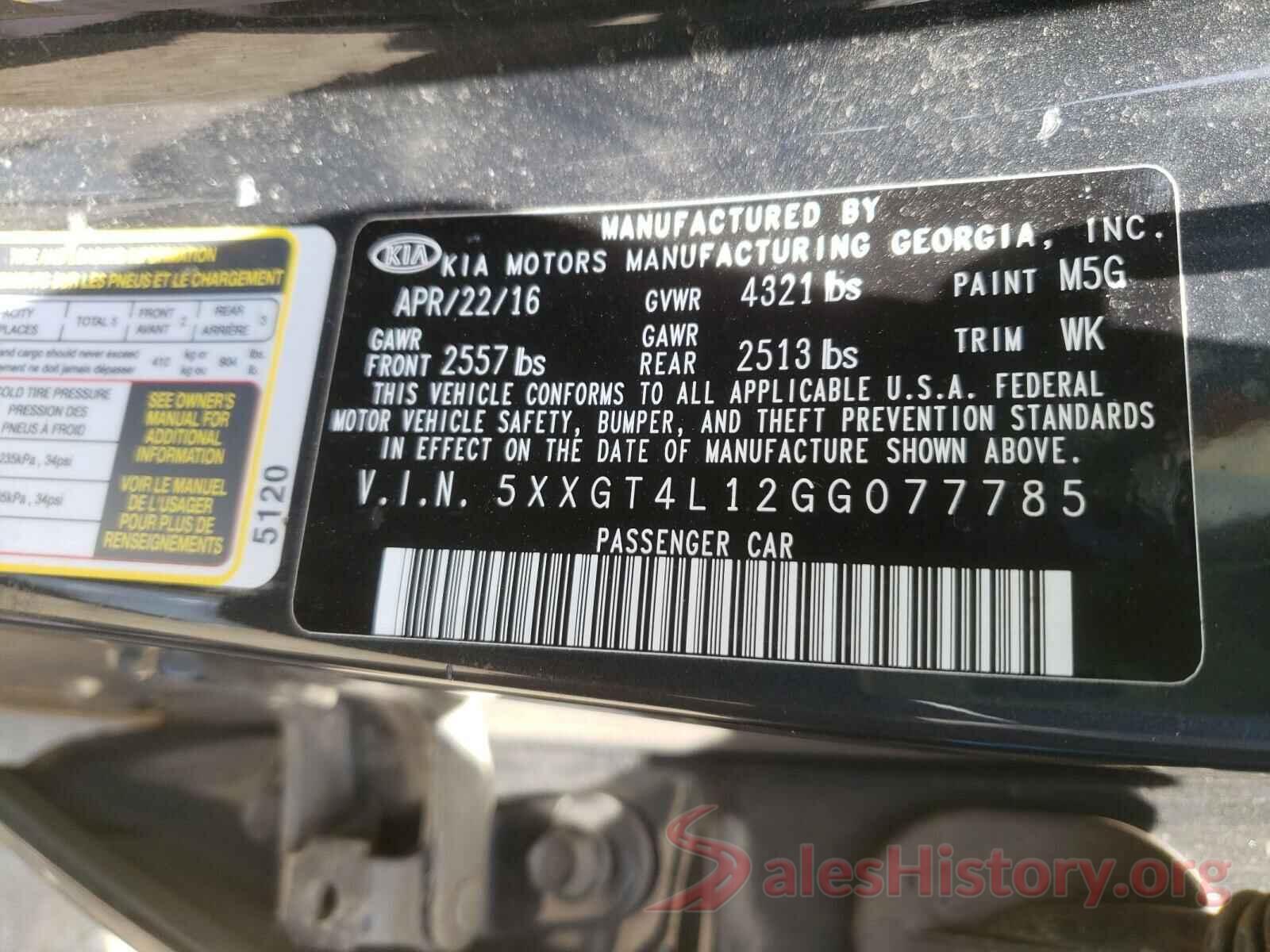 5XXGT4L12GG077785 2016 KIA OPTIMA