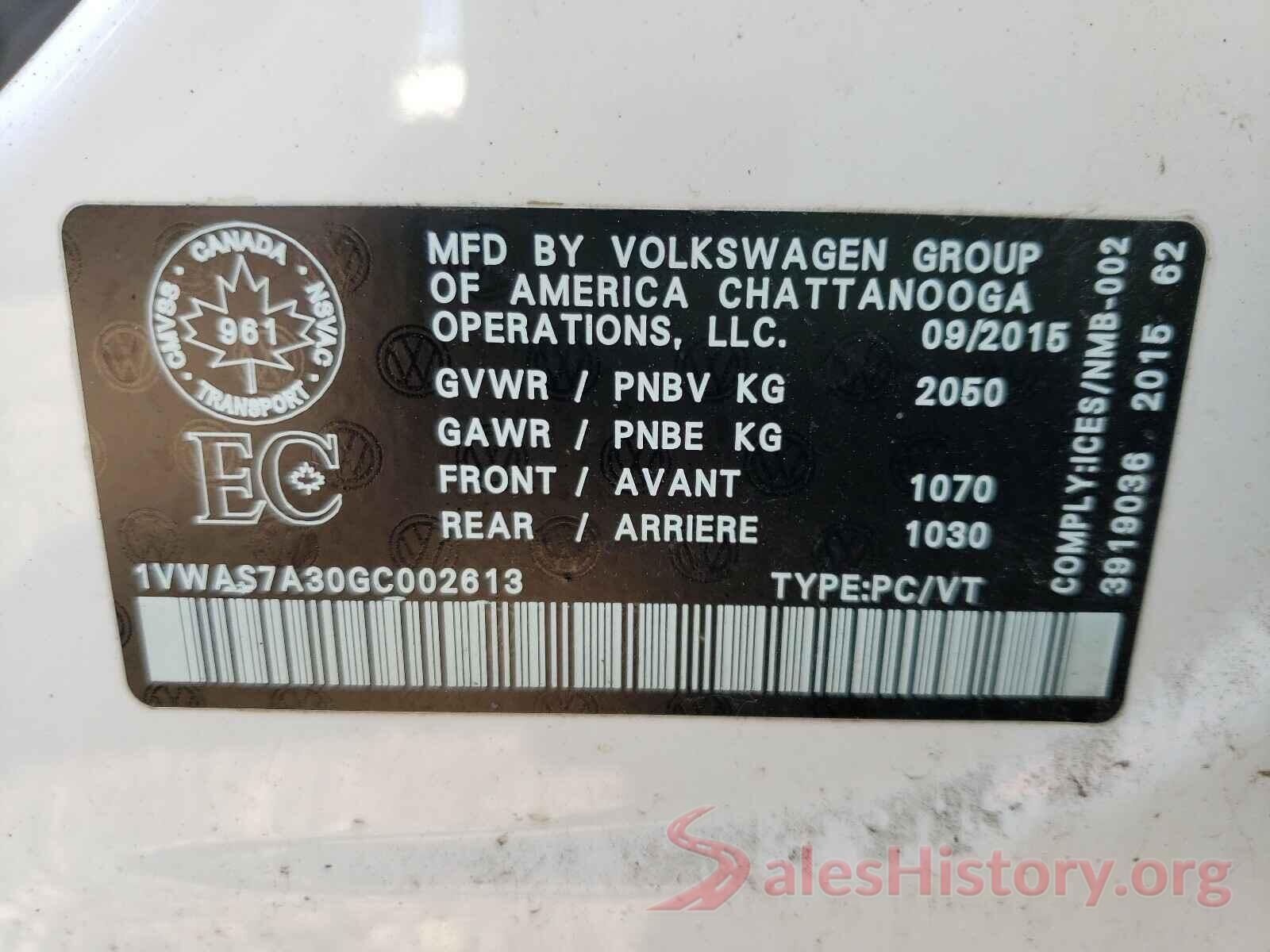 1VWAS7A30GC002613 2016 VOLKSWAGEN PASSAT