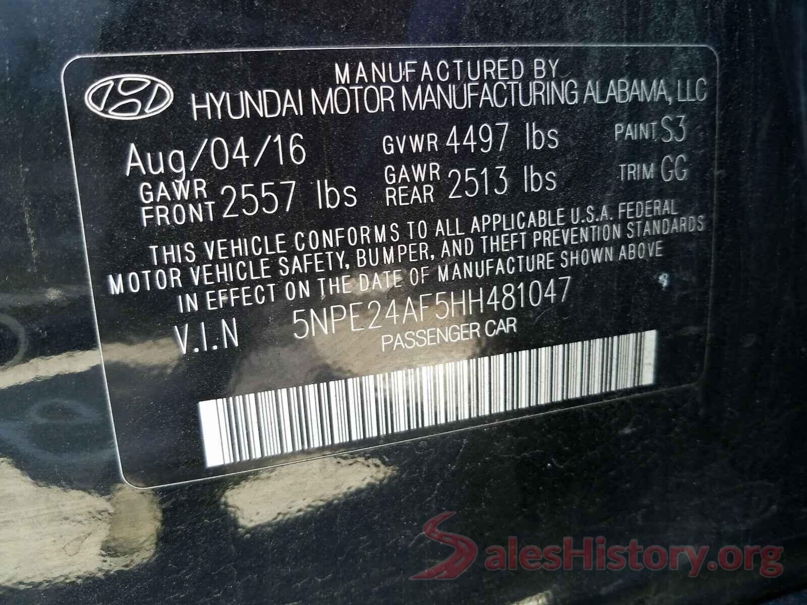 5NPE24AF5HH481047 2017 HYUNDAI SONATA