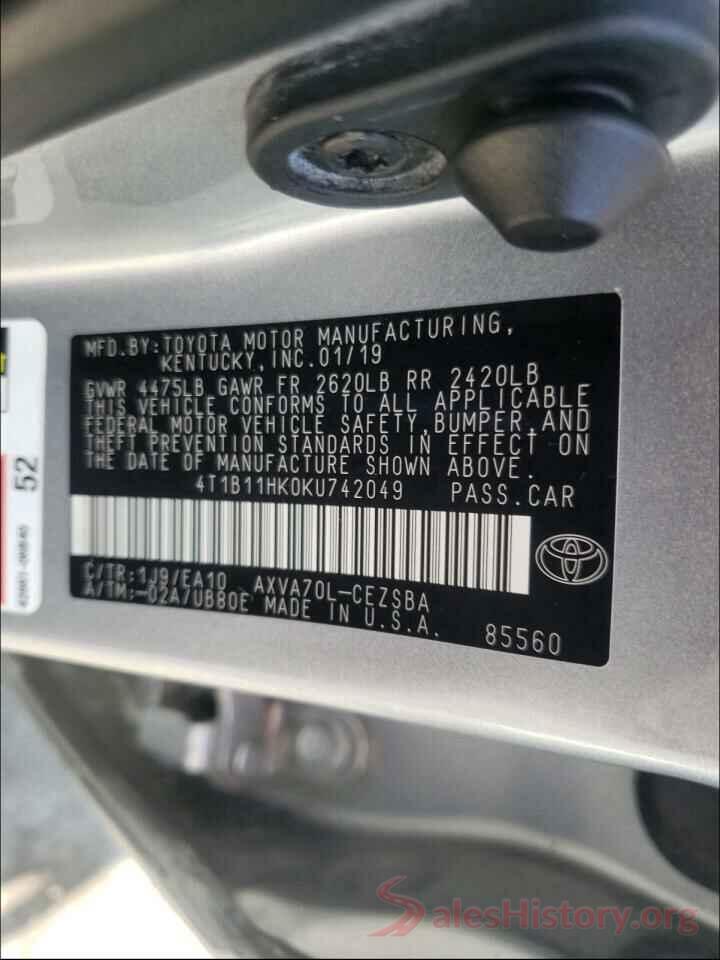 4T1B11HK0KU742049 2019 TOYOTA CAMRY