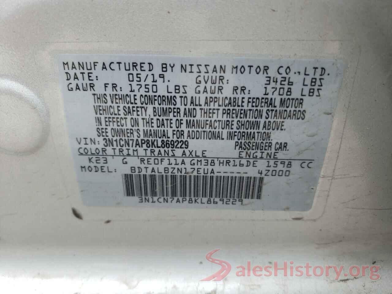 3N1CN7AP8KL869229 2019 NISSAN VERSA