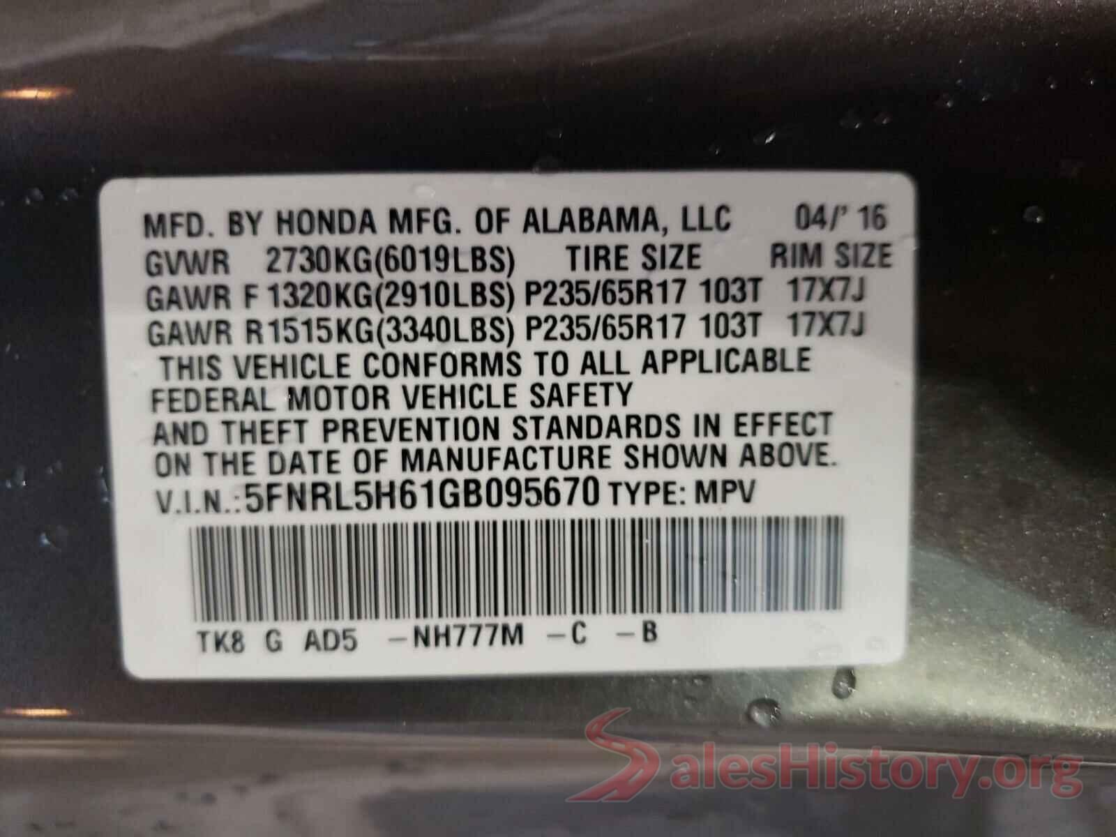 5FNRL5H61GB095670 2016 HONDA ODYSSEY