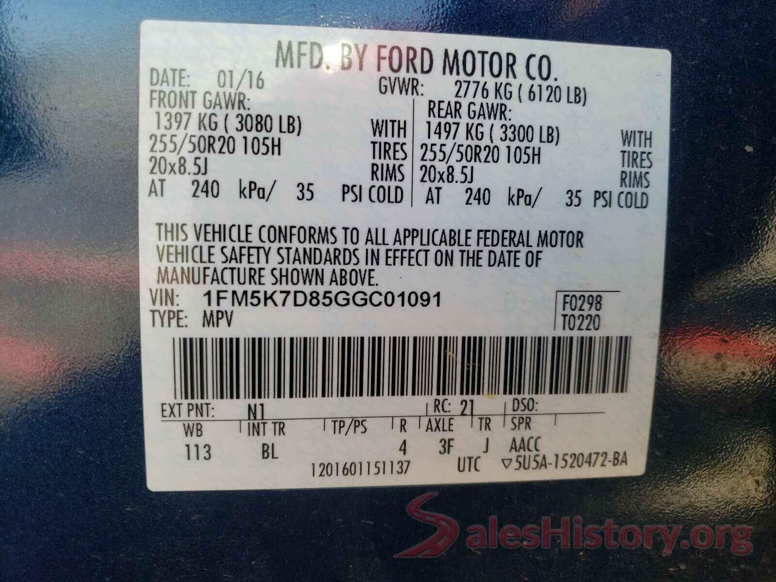 1FM5K7D85GGC01091 2016 FORD EXPLORER