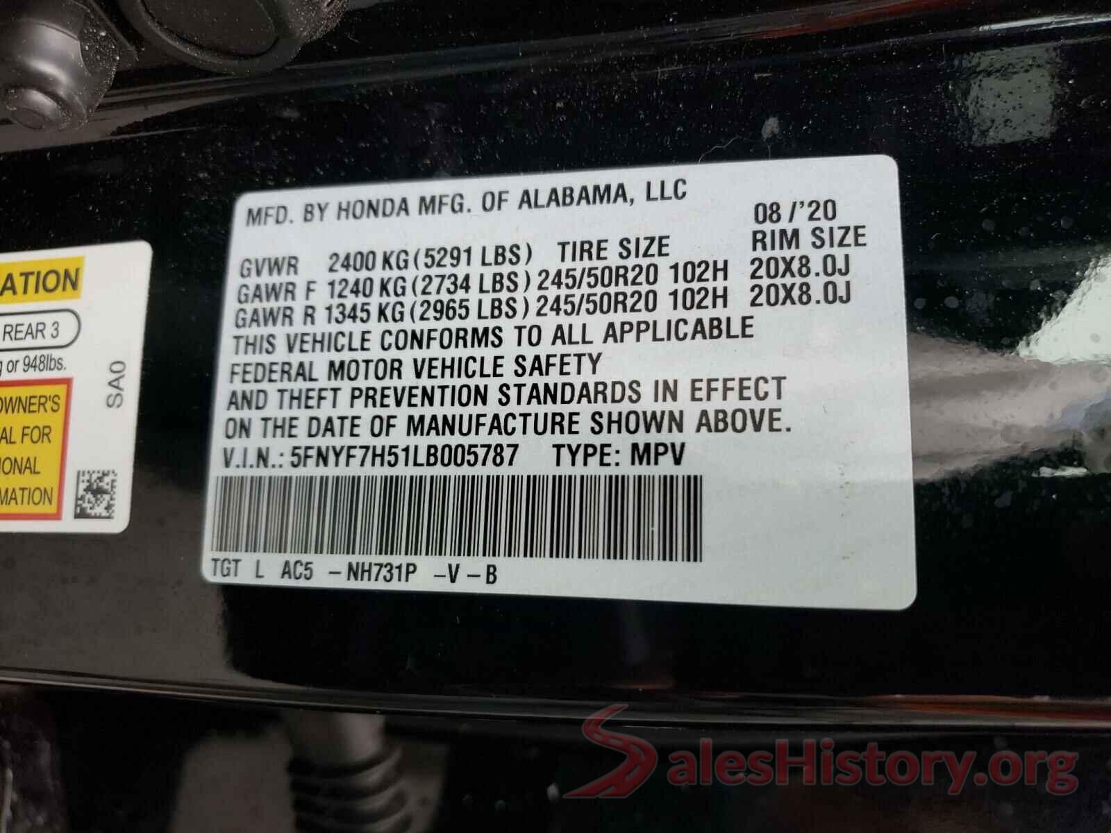 5FNYF7H51LB005787 2020 HONDA PASSPORT