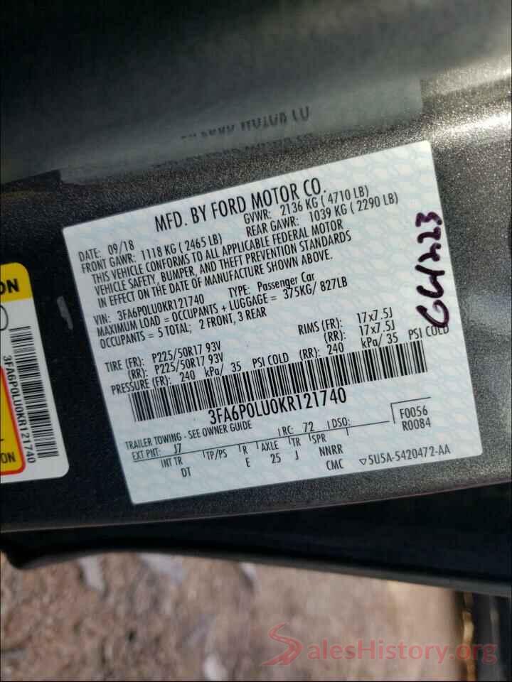 3FA6P0LU0KR121740 2019 FORD FUSION